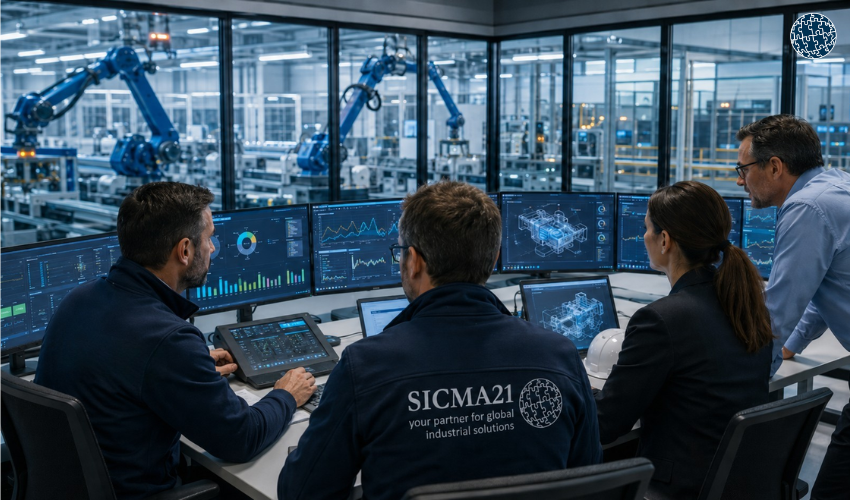 Equipo industrial supervisando datos de producción, calidad y disponibilidad en una planta automatizada conectada