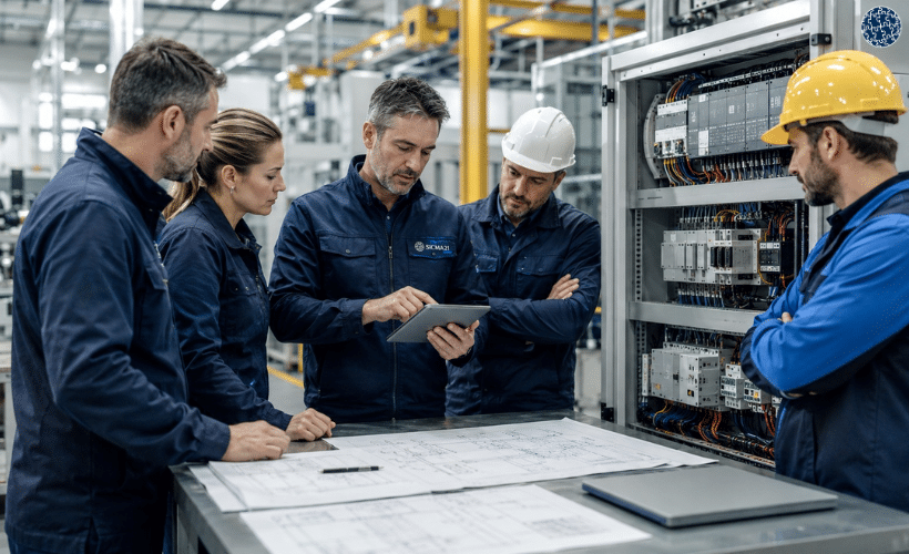 Equipo técnico planificando el retrofit de maquinaria industrial durante una parada programada con análisis de datos, cuadro eléctrico y sistemas de automatización.