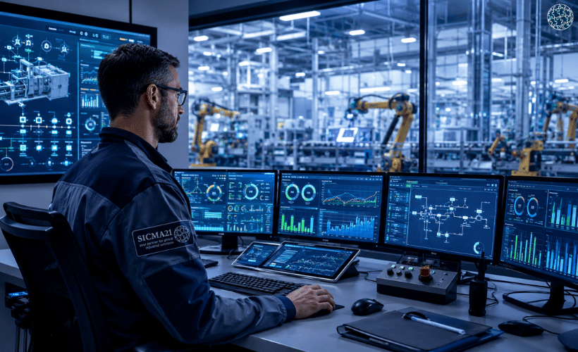 Ingeniero supervisando datos de producción y mantenimiento predictivo en una sala de control conectada a maquinaria industrial modernizada mediante retrofitting.