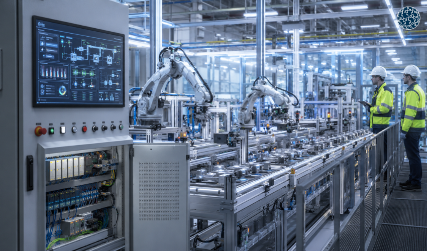 Línea de producción automatizada con sensores, PLC, robots industriales e ingenieros supervisando el proceso en planta moderna.
