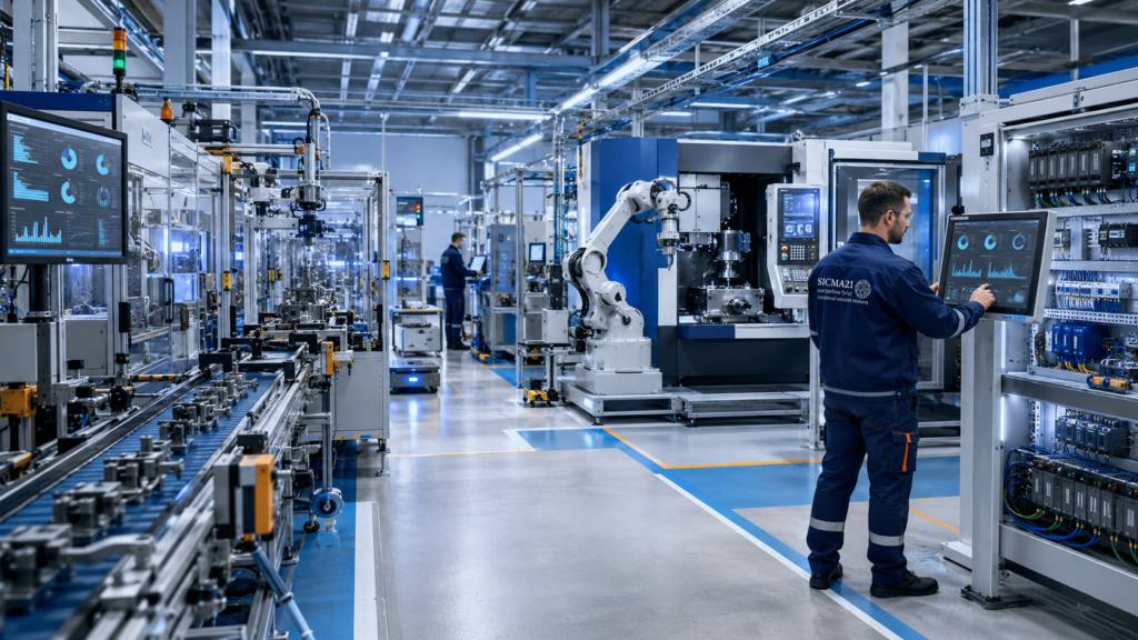 Planta industrial con línea fija, robot flexible, máquina CNC y sistemas conectados para distintos tipos de automatización.