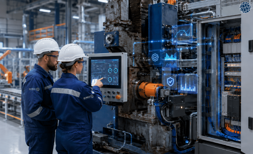 Técnicos industriales modernizando maquinaria de producción con retrofit, sensores y sistemas de control para mejorar seguridad, eficiencia y disponibilidad en planta.
