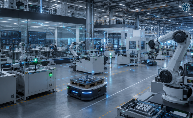 Fábrica inteligente con sensores IIoT, robots colaborativos y redes industriales conectadas para automatización avanzada.