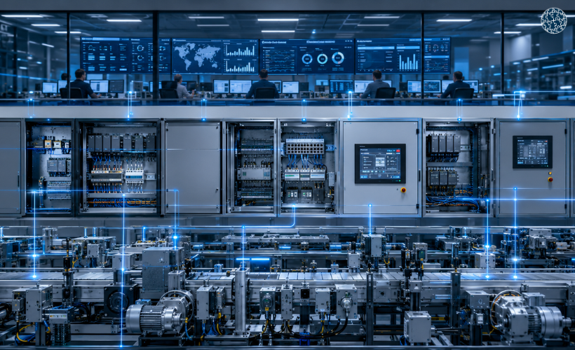Niveles de comunicación industrial desde sensores y PLC hasta sistemas SCADA, MES y ERP en una fábrica conectada.