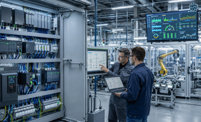 Red de comunicación industrial conectando PLC, HMI, sensores y sistemas SCADA en una planta automatizada moderna.