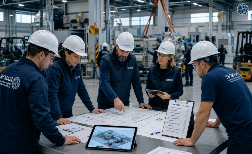 Equipo técnico planificando el traslado de maquinaria industrial con planos, layout de planta y coordinación logística.