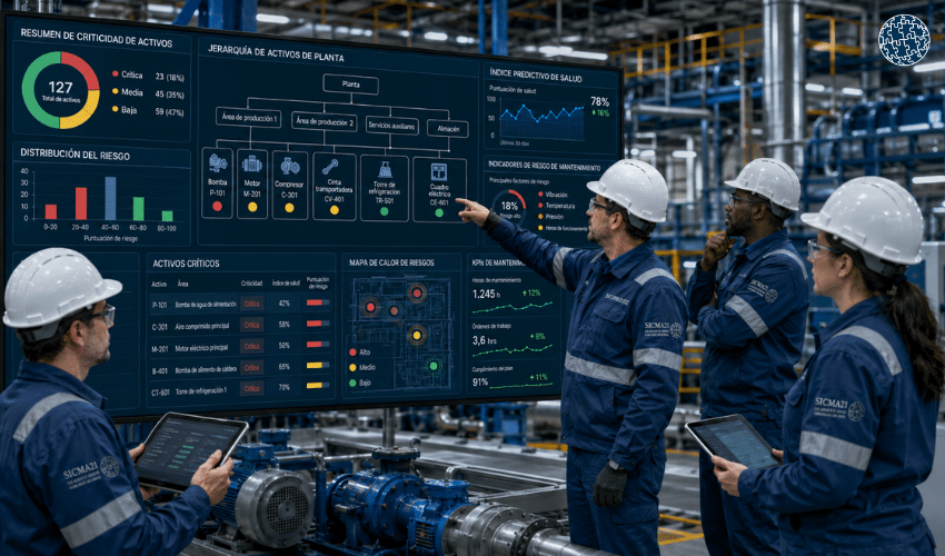 Equipo técnico realizando un análisis de criticidad de activos industriales para priorizar tareas de mantenimiento.