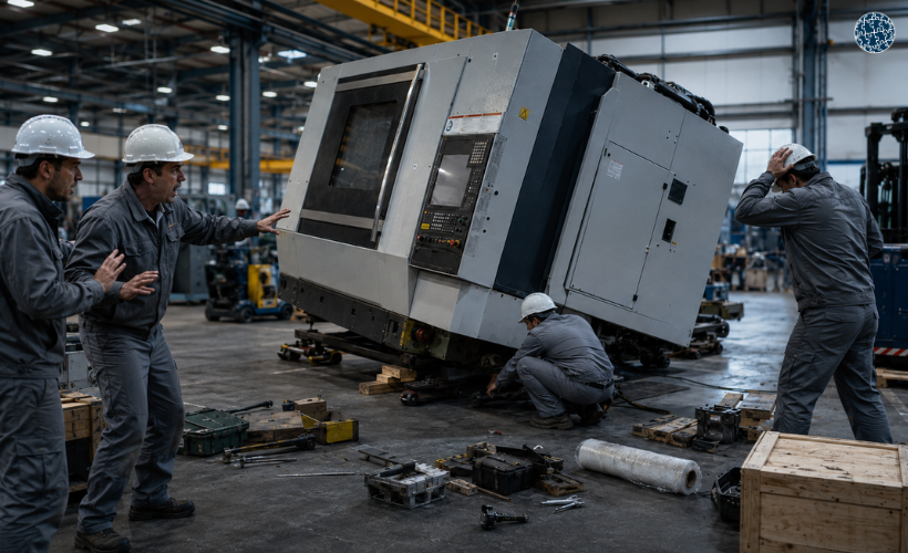 Fallo de estabilidad durante un traslado de maquinaria industrial por errores de planificación y sujeción incorrecta.