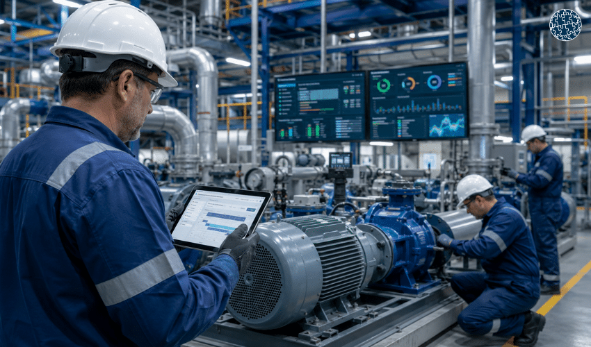 Responsable de mantenimiento revisando un plan de mantenimiento industrial junto a técnicos en una planta de producción.
