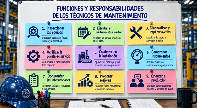 Infografía con nueve funciones del técnico de mantenimiento industrial, desde la inspección de equipos hasta la documentación y la mejora continua.