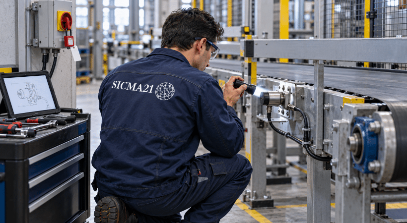 Técnico de mantenimiento industrial de SICMA21 revisando un sensor en un transportador detenido y consignado.