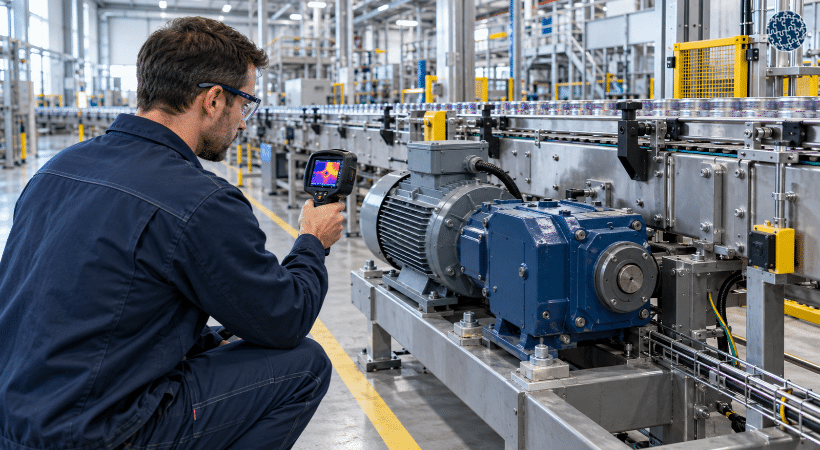 Técnico inspeccionando con una cámara termográfica un motor y su reductor durante una revisión de mantenimiento industrial.