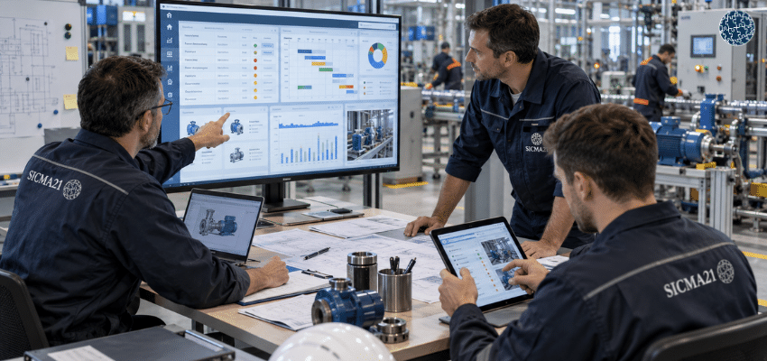Equipo de mantenimiento planificando tareas preventivas y criticidad de activos mediante un GMAO en una planta industrial.