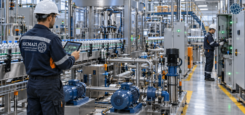 Planta industrial operando con alta disponibilidad mientras técnicos realizan mantenimiento preventivo para reducir averías y mejorar la fiabilidad.