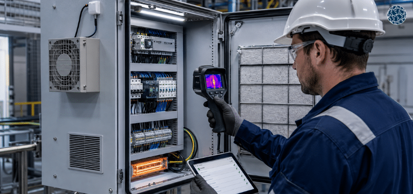 Técnico realizando el mantenimiento preventivo de un armario de control industrial con sistemas de ventilación, protección térmica y cableado ordenado.