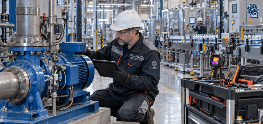 Técnico realizando mantenimiento preventivo e inspección de un motor industrial con tablet y equipos de diagnóstico en una planta de producción.