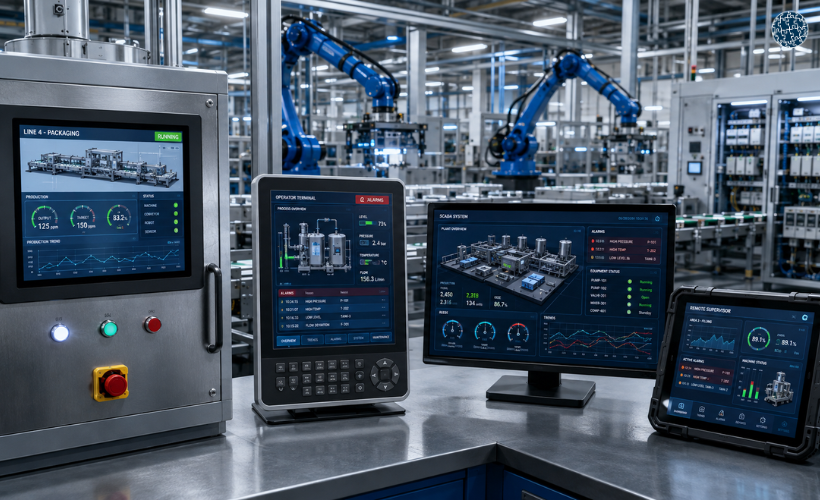 Diferentes tipos de HMI utilizados en automatización industrial para supervisar y controlar procesos de producción desde distintos dispositivos.