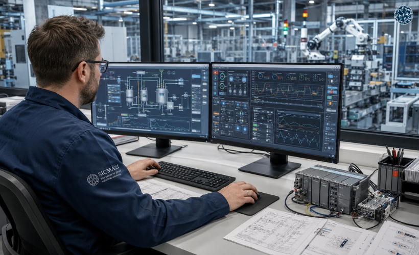 Ingeniero desarrollando la programación de un sistema HMI conectado a un PLC para supervisar y controlar un proceso de automatización industrial.