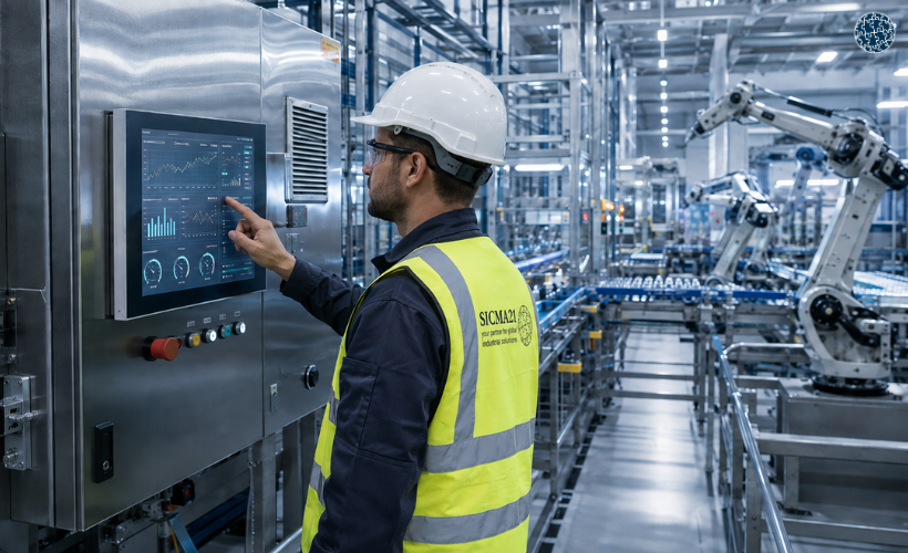 Operario supervisando una línea de producción mediante una pantalla HMI con datos de proceso en tiempo real dentro de una planta de automatización industrial.