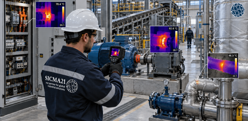 Aplicaciones de la termografía infrarroja en motores, cuadros eléctricos, reductores, bombas y tuberías de una planta industrial.