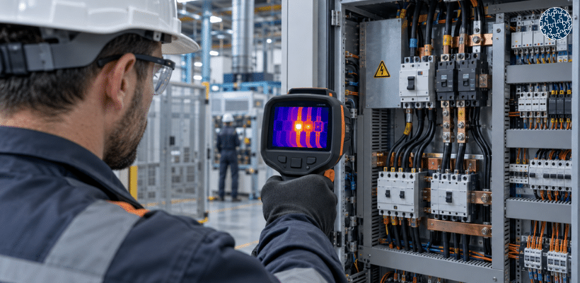 Técnico realizando una inspección con termografía infrarroja en un cuadro eléctrico industrial para detectar anomalías térmicas.