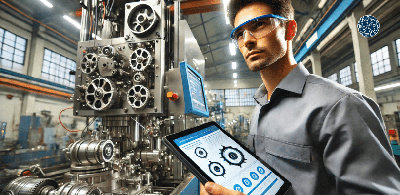 Técnico de mantenimiento mecánico industrial de SICMA21 inspeccionando maquinaria en una fábrica moderna, utilizando tecnología para la gestión eficiente de equipos.