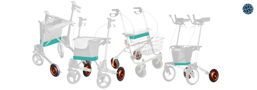 Caminador eléctrico con kit tecnológico para personas mayores, diseñado para mejorar la movilidad en subidas y bajadas con asistencia inteligente.