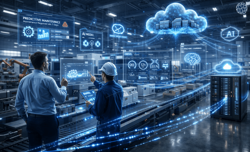 Análisis de datos industriales con inteligencia artificial y gemelos digitales para la toma de decisiones en fábricas inteligentes.
