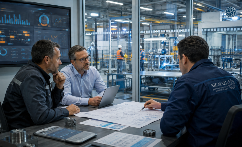 Equipo directivo y técnico planificando la contratación de mantenimiento industrial externo con indicadores de planta y activos críticos.