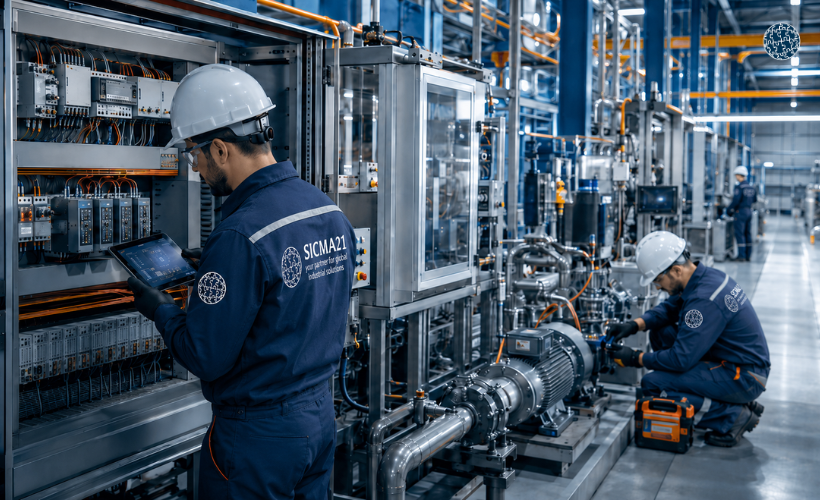 Técnicos especializados realizando mantenimiento industrial en una planta moderna con maquinaria automatizada y herramientas de diagnóstico.