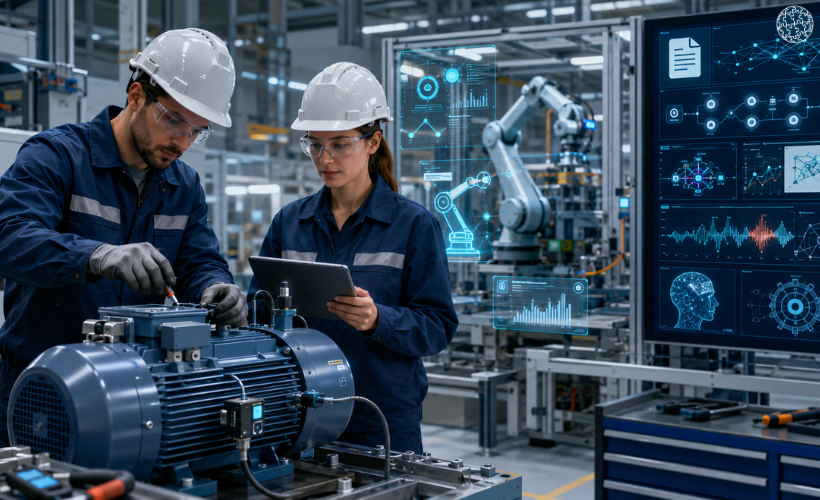 Técnicos industriales analizando datos de sensores, PLC, SCADA y GMAO con IA para orientar el diagnóstico de mantenimiento.
