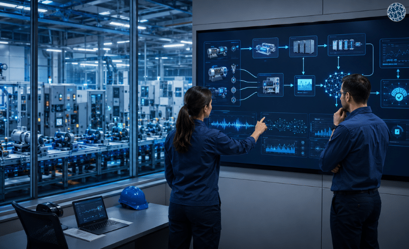 Técnicos industriales analizando datos de sensores, PLC y SCADA con IA para detectar anomalías y orientar el diagnóstico de mantenimiento.