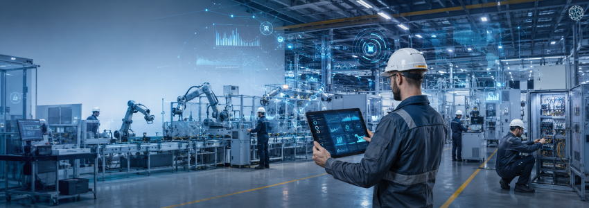 Planta industrial automatizada con técnicos de mantenimiento usando inteligencia artificial para analizar datos, anticipar averías y mejorar la fiabilidad de los equipos.