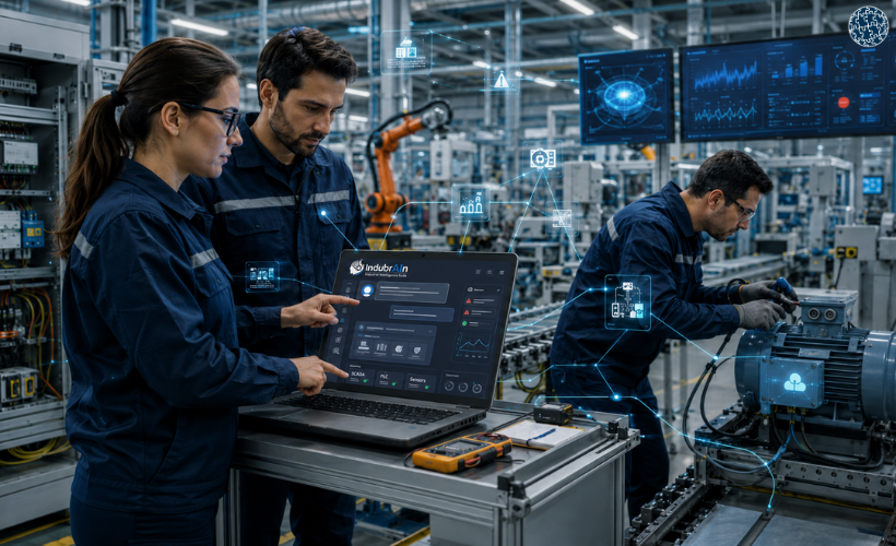 Técnicos de mantenimiento trabajan en una planta industrial automatizada mientras una ingeniera consulta con ellos un portátil industrial que muestra el asistente conversacional de IA IndubrAIn