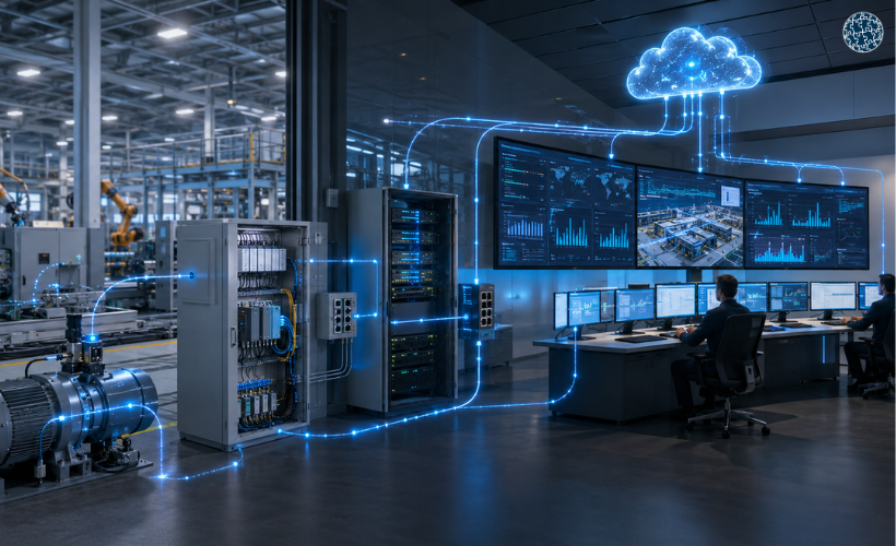 Arquitectura de comunicaciones industriales que integra sensores, PLC, SCADA, MES, ERP y plataformas analíticas para conectar la planta con los sistemas de gestión empresarial.