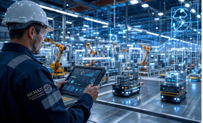 Ingeniero industrial supervisando una planta automatizada mediante un cuadro de mando en tiempo real con datos conectados entre producción y gestión empresarial gracias a la convergencia IT OT