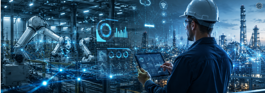 Planta industrial inteligente con integración IT OT, automatización, robots industriales y monitorización de datos en tiempo real para mejorar la eficiencia operativa y la gestión de la producción.