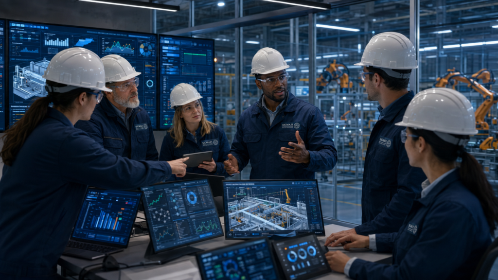 Profesionales de IT y OT colaborando en un entorno industrial para coordinar la integración de sistemas, compartir información y mejorar la toma de decisiones en la planta.