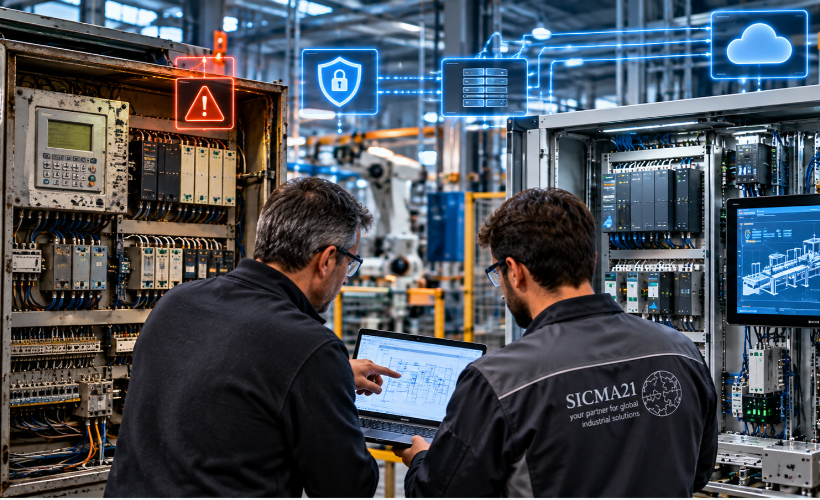 Ingenieros integrando sistemas de automatización antiguos y modernos para afrontar retos de interoperabilidad y ciberseguridad industrial.